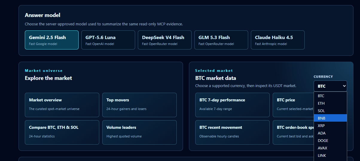 Crypto Market Agent showing approved models and a supported cryptocurrency selector