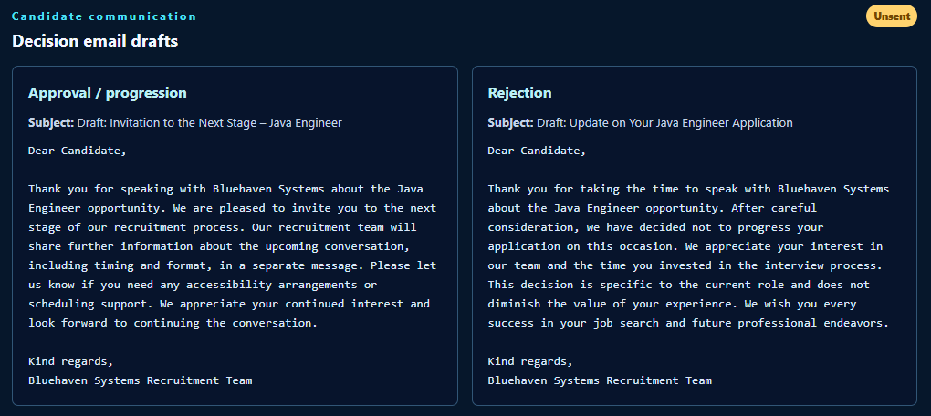 Job Interview Analyzer with unsent approval and rejection email drafts